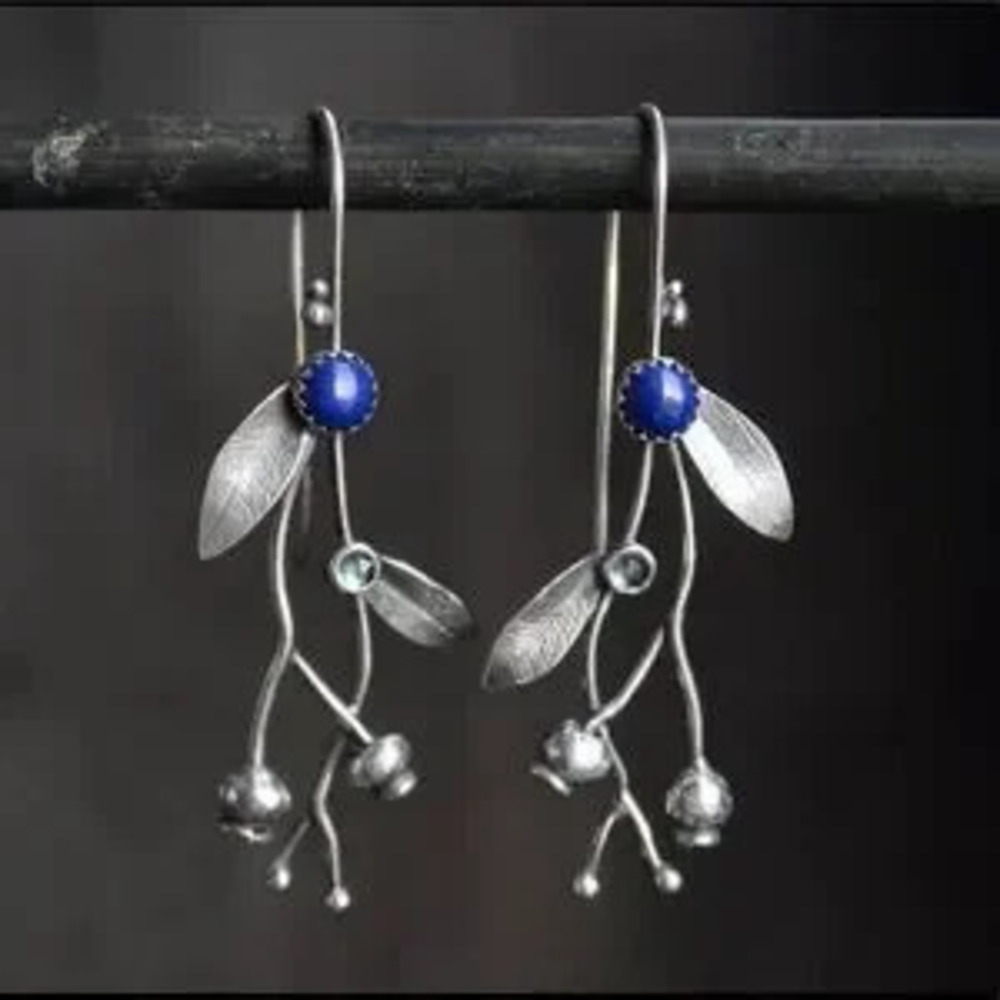 Retro Bohemian Flower Branch Inlaid Blue Stone Earrings